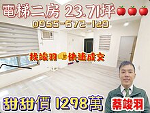 竣羽~便宜電梯正2房~大降價1298萬 快來買喔~