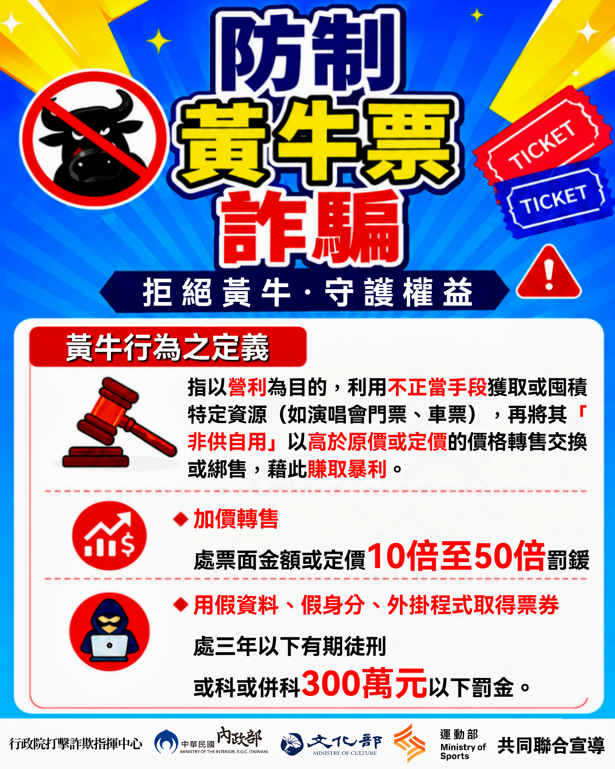 為守護民眾財產與消費權益，政府特別提醒購票時務必注意「三不原則」。圖／行政院提供