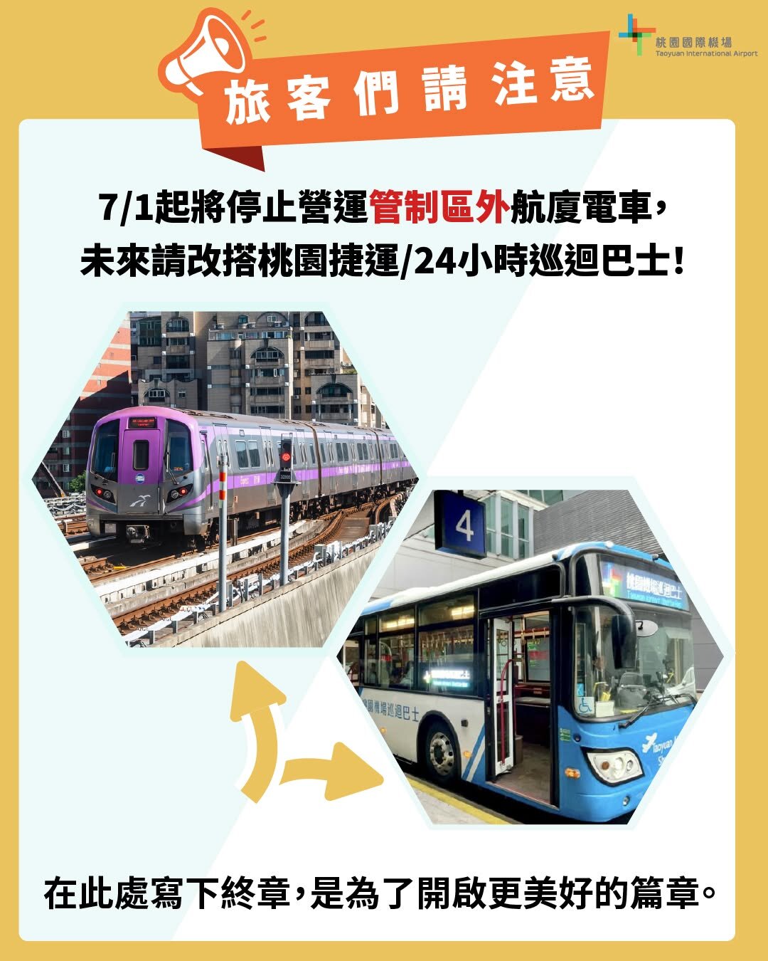 配合第三航廈工程　桃機航廈電車7月停止營運。圖／桃園國際機場官臉書粉專
