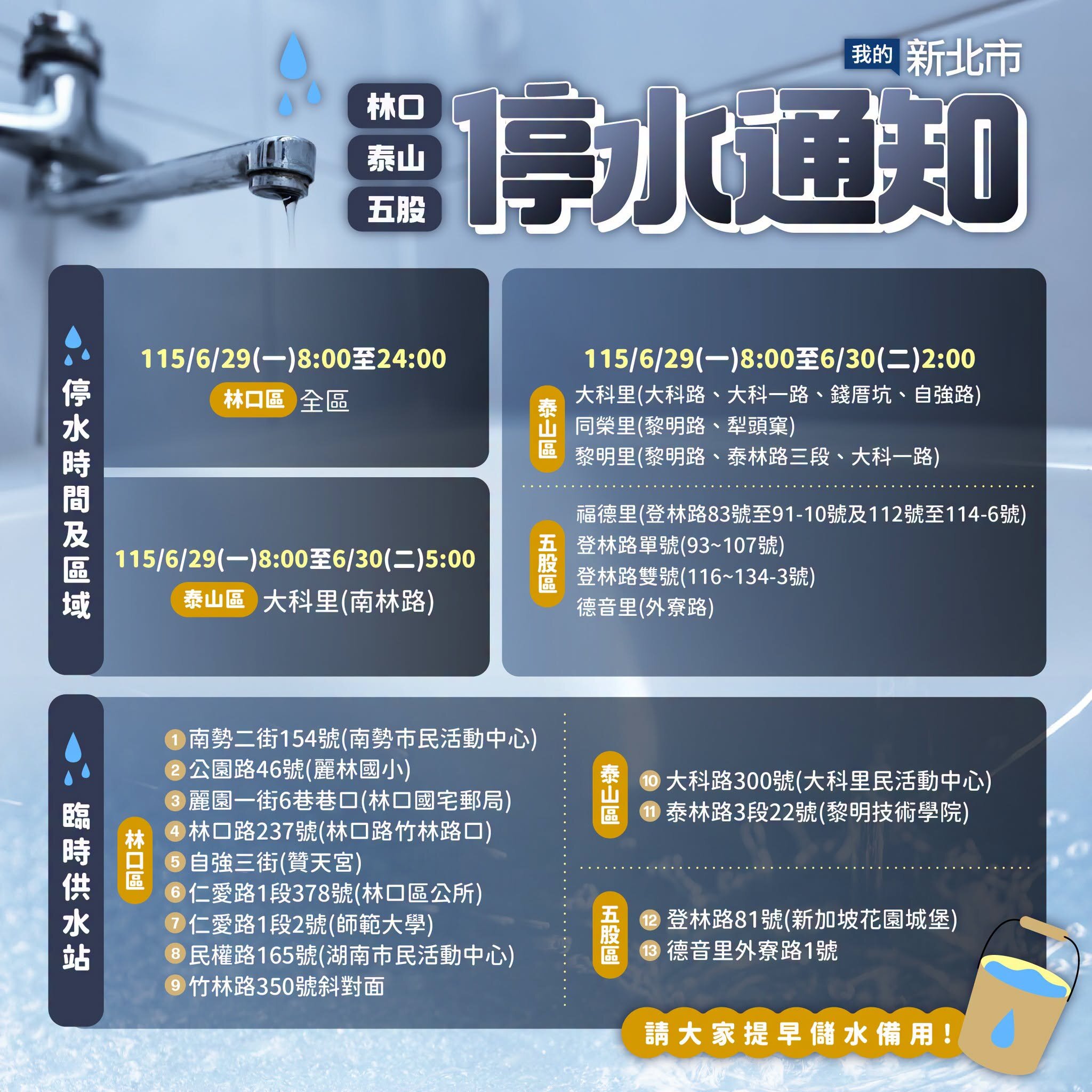 設備檢驗施工！新北林口、泰山、五股29日停水　13處供水站因應。圖／取自我的新北市官方臉書﻿