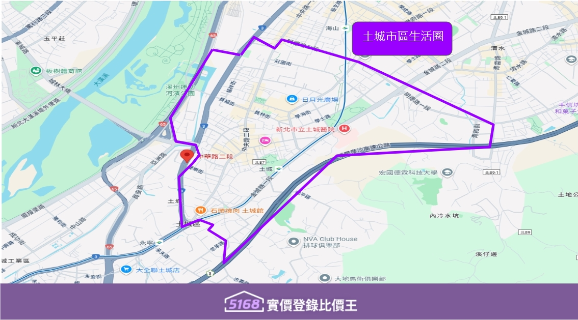 土城市區生活圈包含捷運土城站周邊、日月光廣場、新北市土城醫院。圖擷取自Google Map；5168資料小組繪製