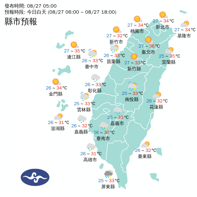 雙北等6縣市高溫上看36度　嘉義以南防大雨。圖／中央氣象署官網