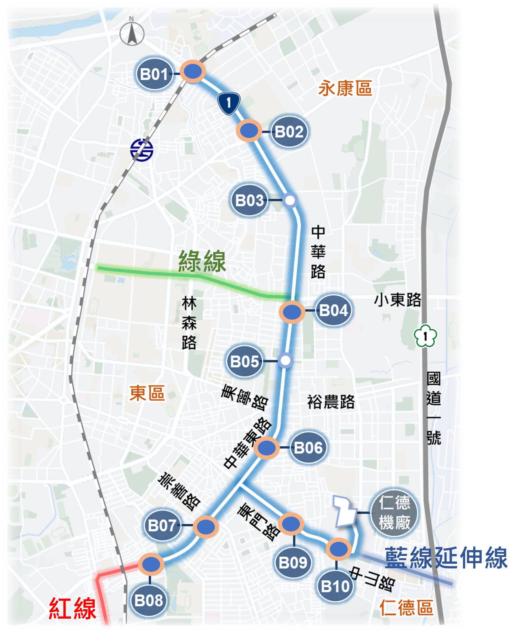 台南市第一期藍線捷運路網曝光。圖/台南市府提供