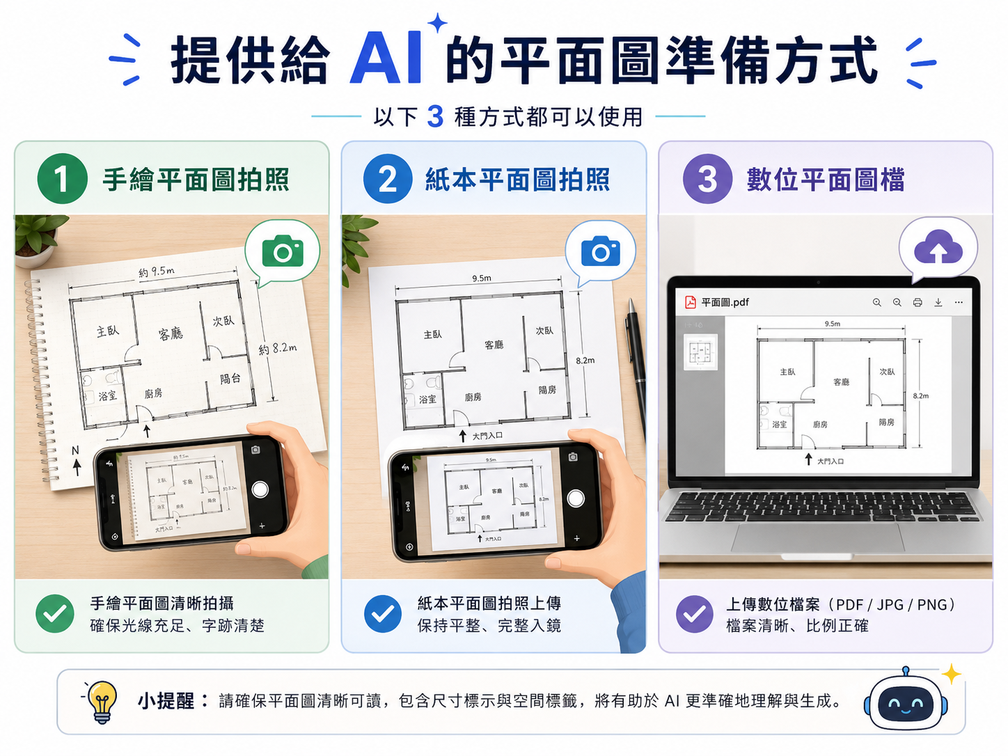 提供給 AI 的平面圖三種準備方式：手繪拍照、紙本拍照、數位檔案