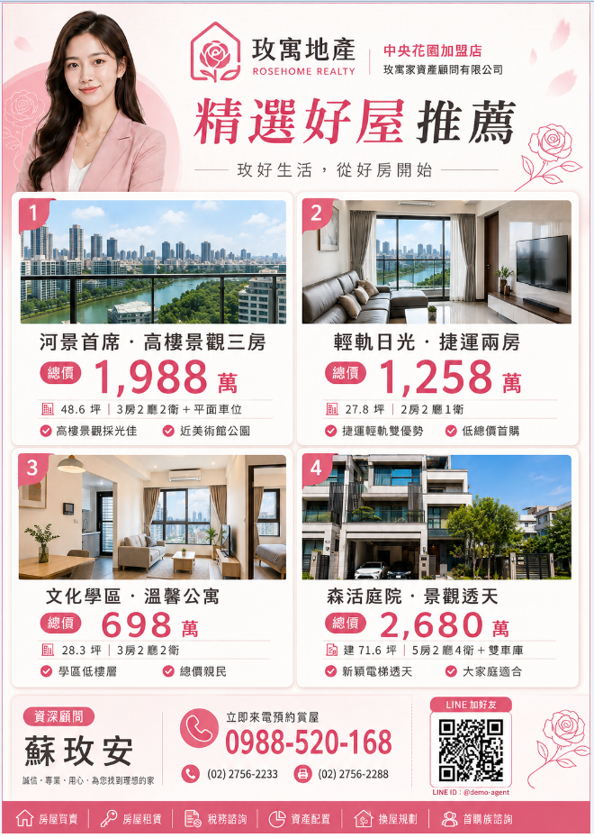 AI 生成的多物件派報 DM 成品示意(2×2 四物件、A4 可印)