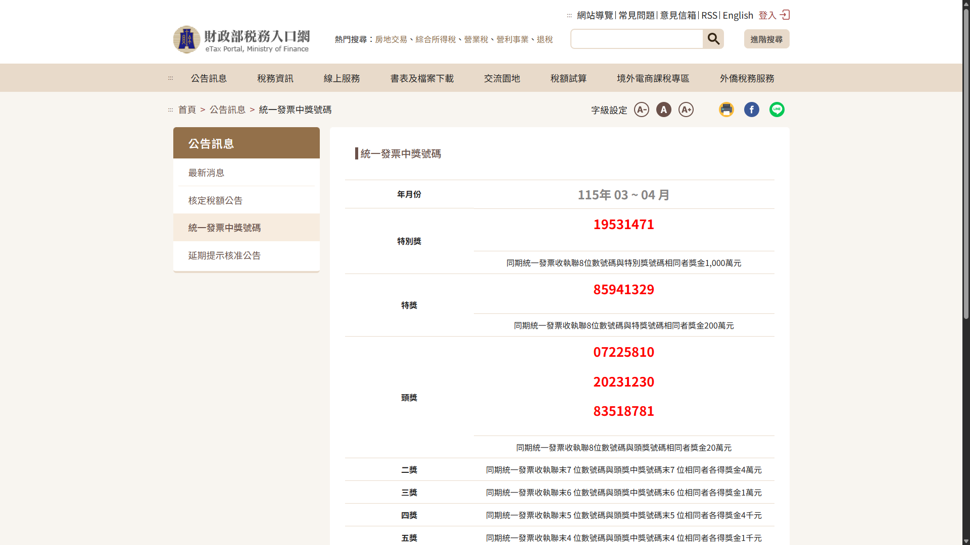 統一發票3-4月千萬獎5張未領 兌領期限9/7。圖/取自財政部官網