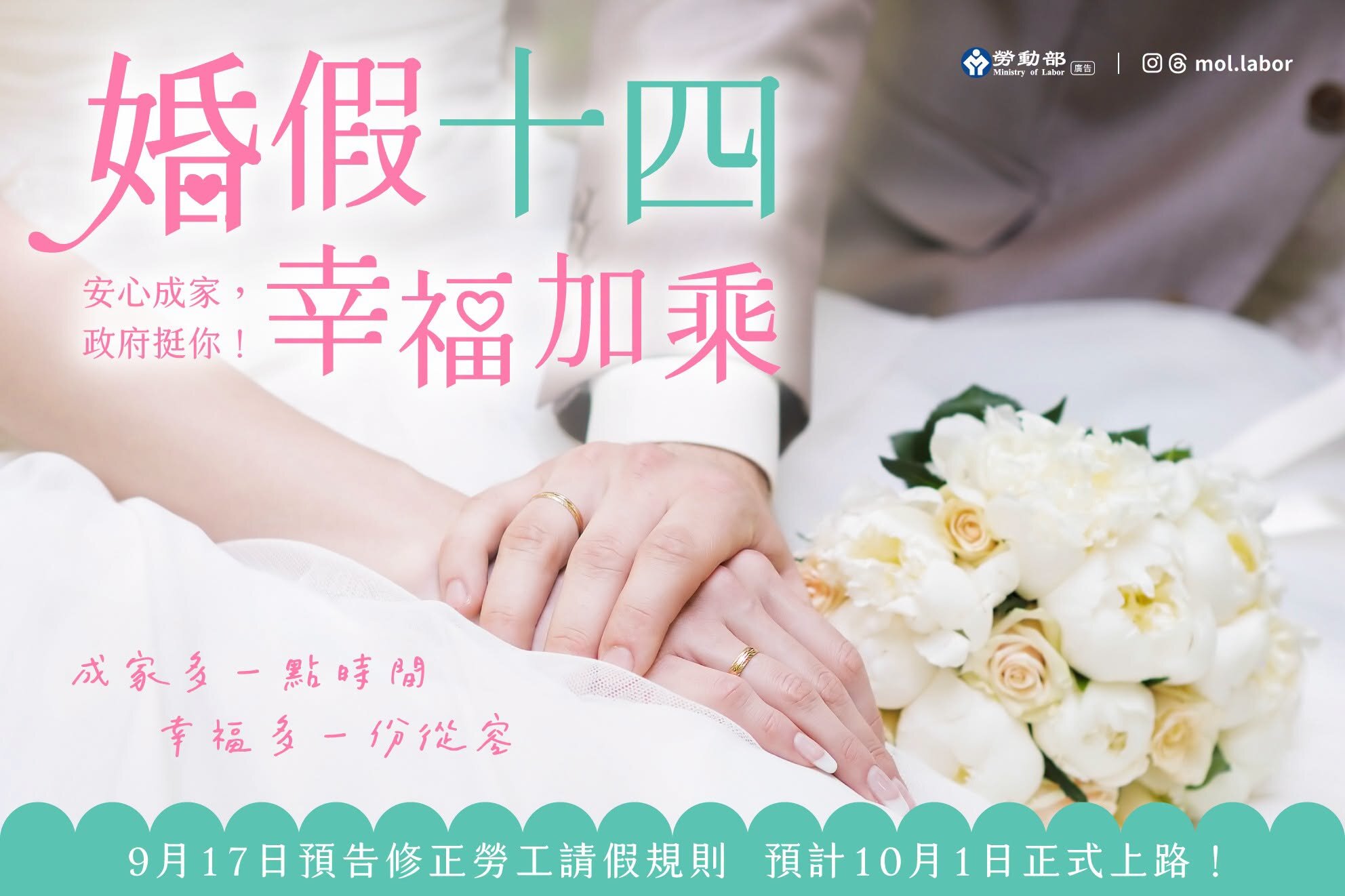 勞工婚假10月起增加至14天 請假QA一次看。圖/勞動部臉書